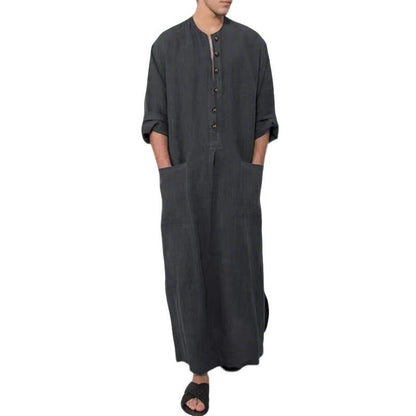 Ryan | Men's Relaxed-Fit Maxi Linen Kaftan Tunic Stand-Collar Button Placket