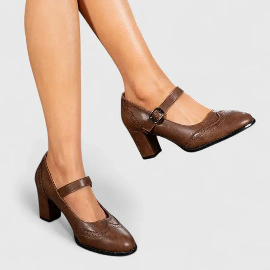 Stylish Leather Mary Jane Pumps for Women with Wingtip Buckle Strap Block Heel Style