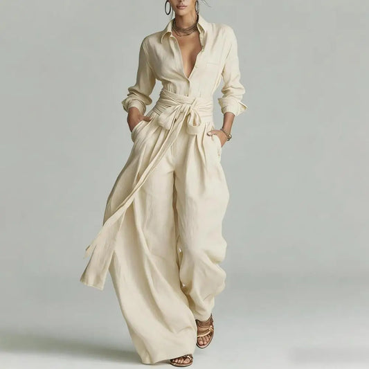 Effortless Linen Jumpsuit for Women with Collared Long Sleeve Belted Wide Leg Style