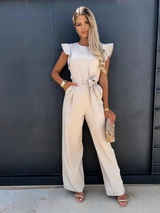 Elegant Wide Leg Jumpsuit for Women with Round Neck Ruffle Sleeve Belted Flowing Style