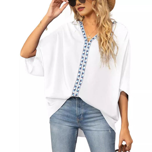 Effortless Embroidered Trim Blouse for Women with V Neck Batwing Sleeve High Low Flowing Style