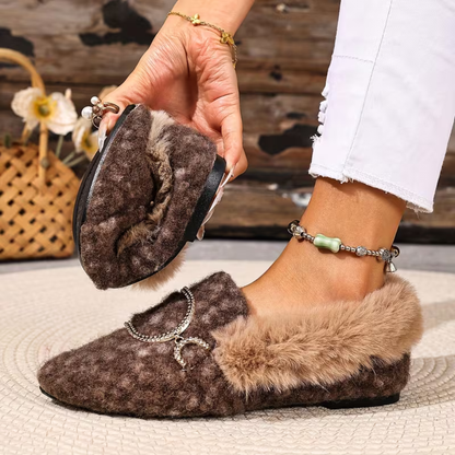 Comfortable House Shoes for Women with Faux Fur Trim Buckle Detail Round Toe Slip On Style