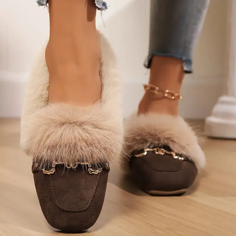 Comfortable Slippers for Women with Faux Fur Trim Chain Detail Suede Look Mule Style