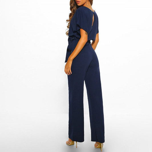 Elegant Wide Leg Jumpsuit for Women with Round Neck Batwing Sleeve Belted Keyhole Back Formal Style