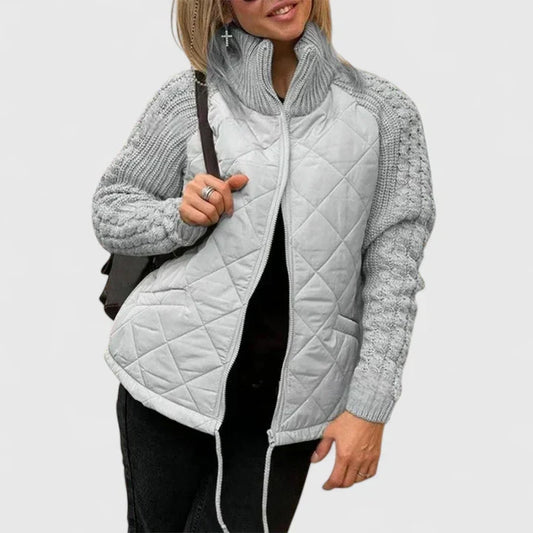 Comfortable Quilted Jacket for Women with Turtleneck Cable Knit Sleeve Zip Front Casual Style