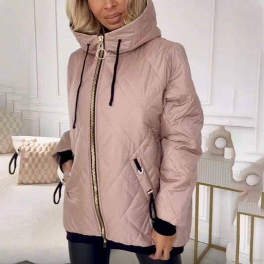 Effortless Quilted Puffer Jacket for Women with Hooded Drawstring Long Sleeve Zip Front Relaxed Style