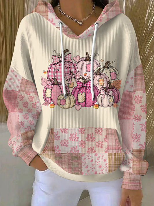 Effortless Beige Pumpkin Patchwork Hoodie for Women with Drawstring Hood Long Sleeve Oversized Knit Style