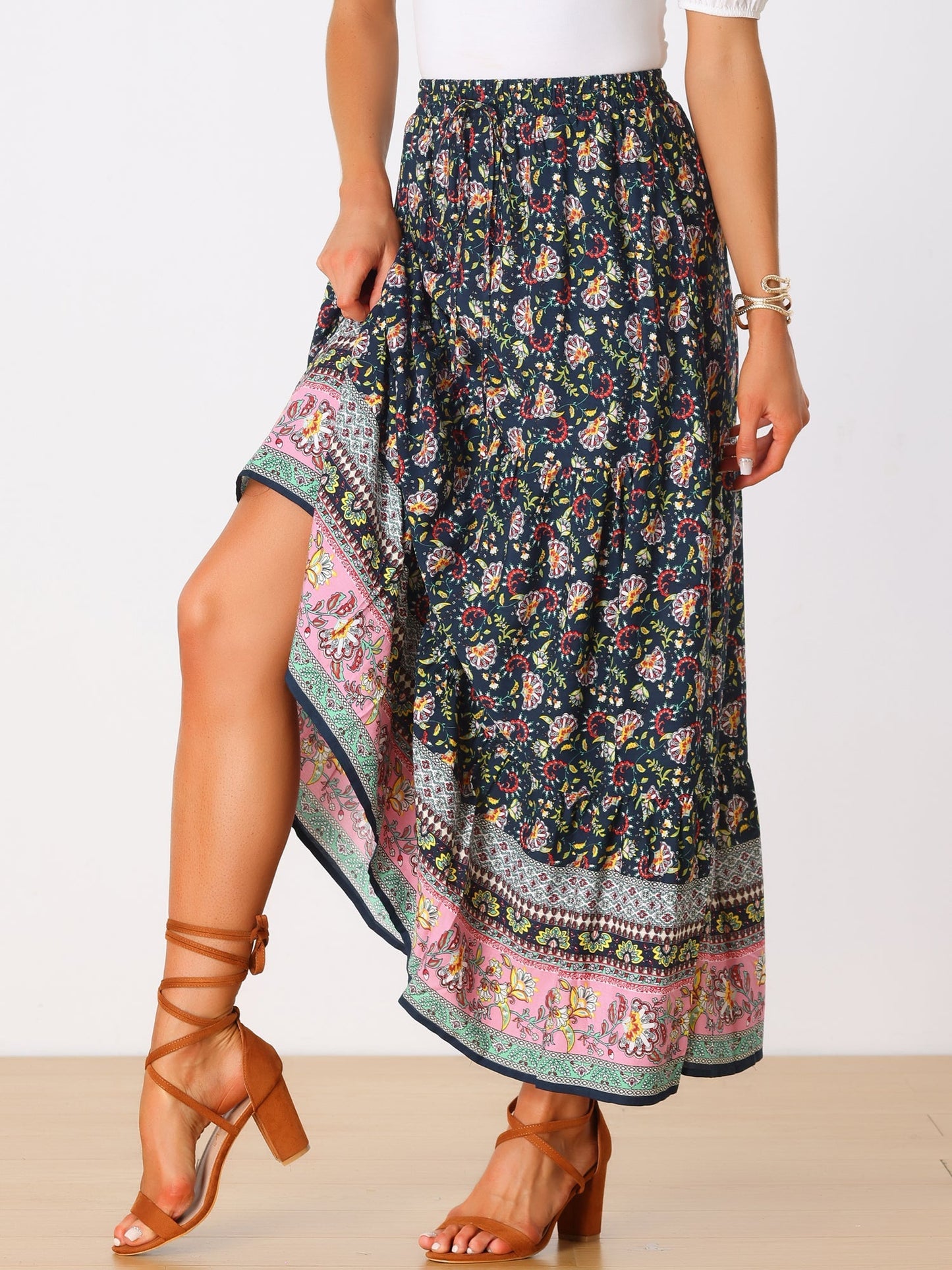 Effortless Printed Maxi Skirt for Women with High Waist Side Slit Flowing