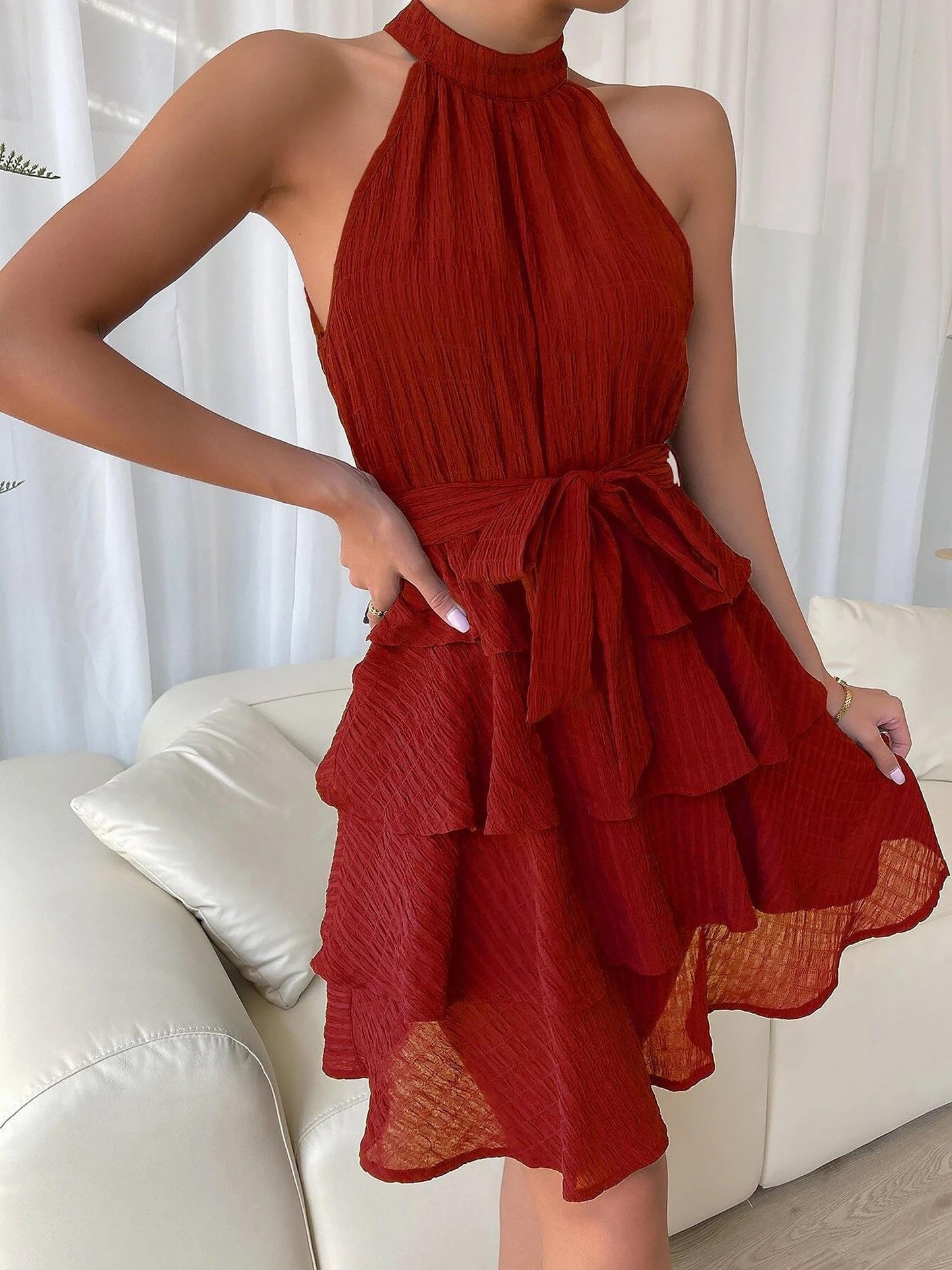Elegant Tiered Mini Dress for Women with Halter Neck Tie Waist Ruffle Style