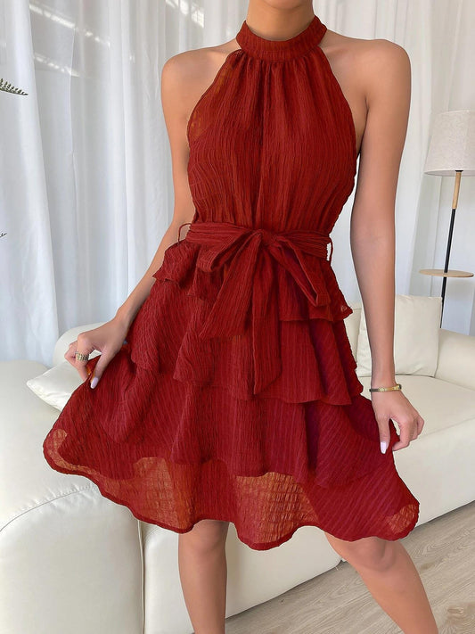 Elegant Tiered Mini Dress for Women with Halter Neck Tie Waist Ruffle Style