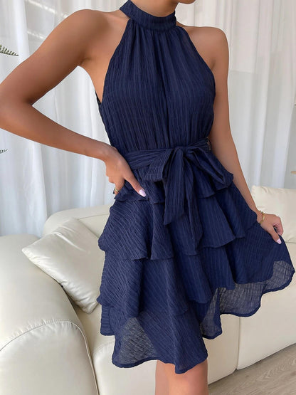 Elegant Tiered Mini Dress for Women with Halter Neck Tie Waist Ruffle Style