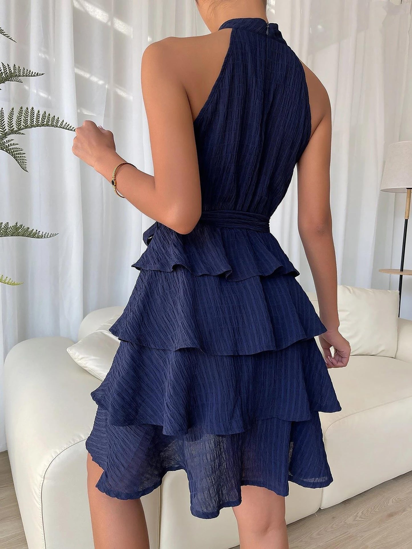 Elegant Tiered Mini Dress for Women with Halter Neck Tie Waist Ruffle Style