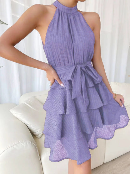 Elegant Tiered Mini Dress for Women with Halter Neck Tie Waist Ruffle Style