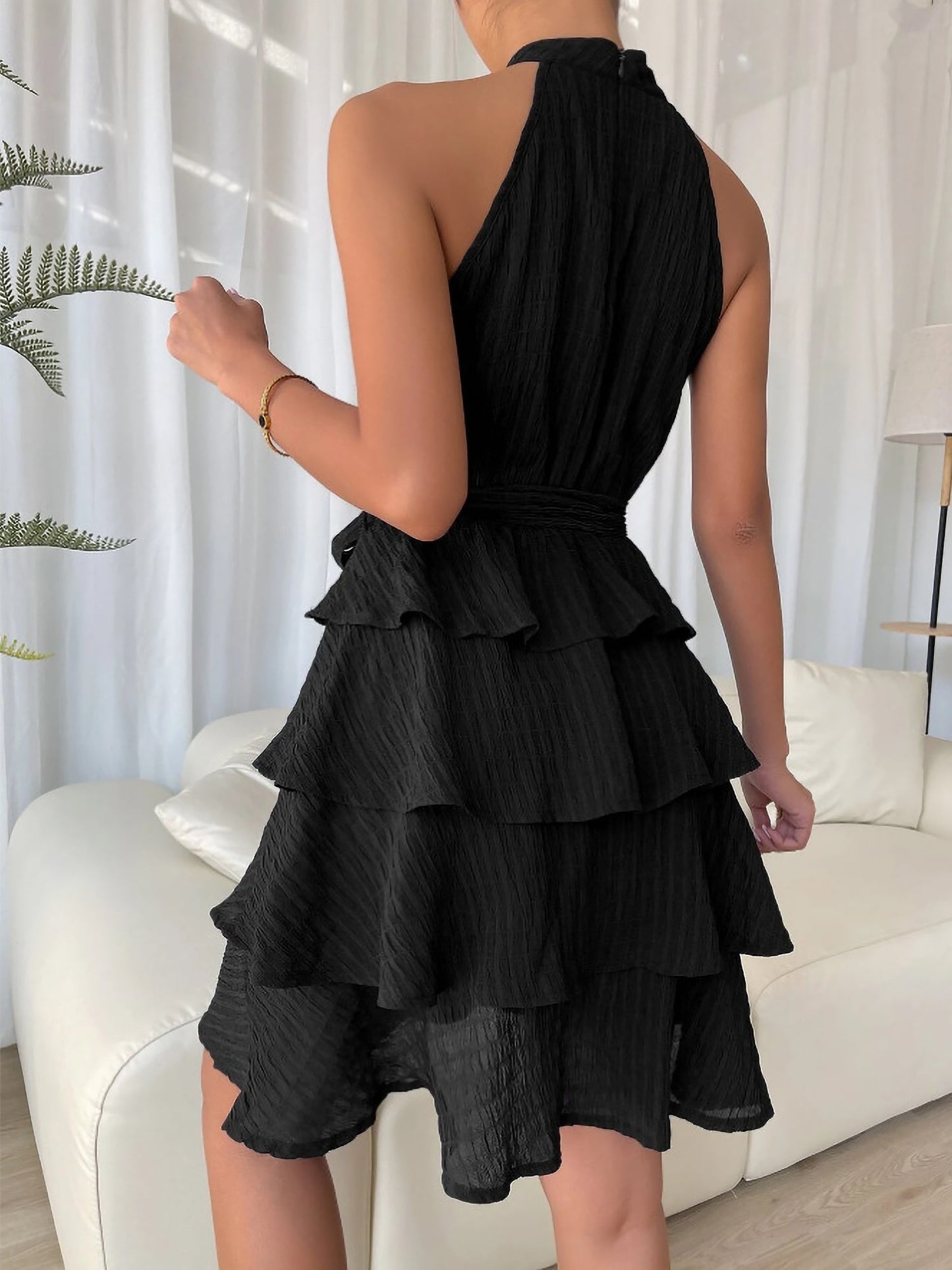 Elegant Tiered Mini Dress for Women with Halter Neck Tie Waist Ruffle Style