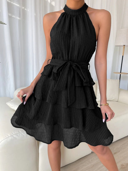 Elegant Tiered Mini Dress for Women with Halter Neck Tie Waist Ruffle Style