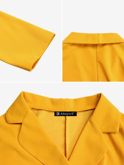 Elegant Yellow Wrap Dress for Women with Collar Elbow Sleeve Pleated Tie Waist