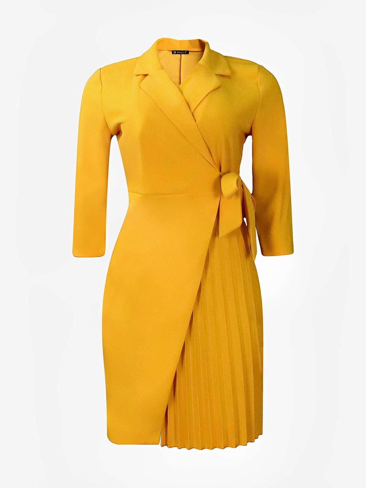 Elegant Yellow Wrap Dress for Women with Collar Elbow Sleeve Pleated Tie Waist