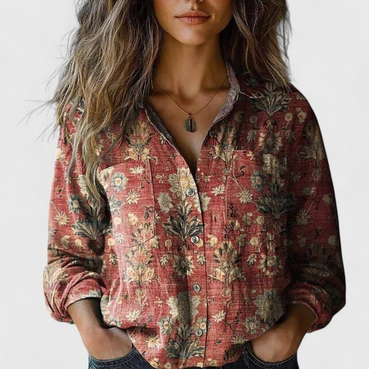 Effortless Printed Blouse for Women with Collar Long Sleeve Button Front Boho Style