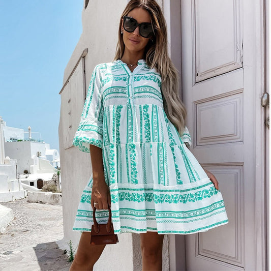 Effortless Border Print Tiered Mini Dress for Women with Split Neck Bell Sleeve Button Front Boho Style