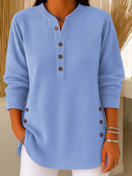 Effortless Ribbed Knit Tunic for Women with Split Neck Long Sleeve Side Button Relaxed Style