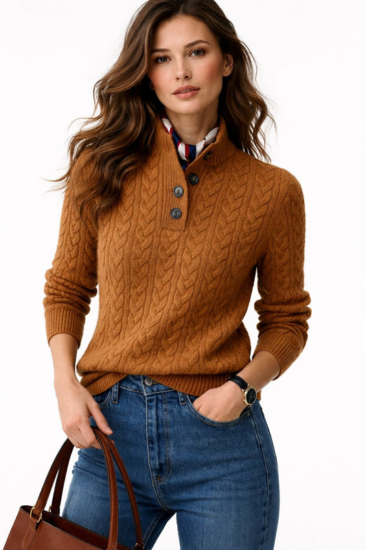 Comfortable Cable Knit Sweater for Women with Button Mock Neck Long Sleeve Ribbed Trim Oversized Knit Style