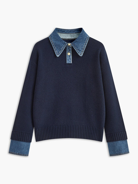 Comfortable Denim Trim Polo Sweater for Women with Collared Long Sleeve Relaxed Oversized Style