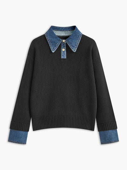 Mia | Women's Denim-Collar Knit Polo Sweater