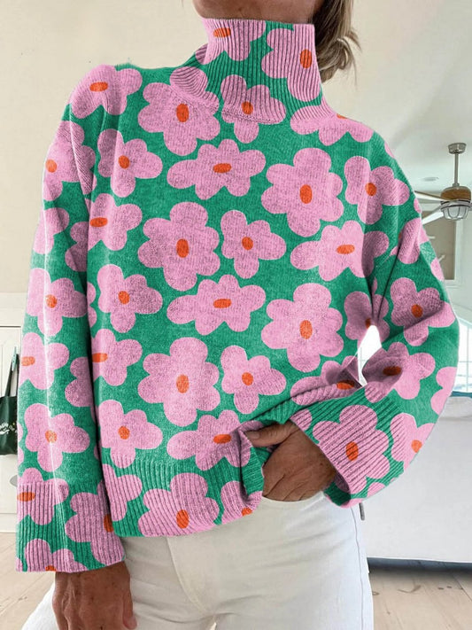 Comfortable Multicolor Floral Sweater for Women with Turtleneck Long Sleeve Relaxed Oversized Knit Style
