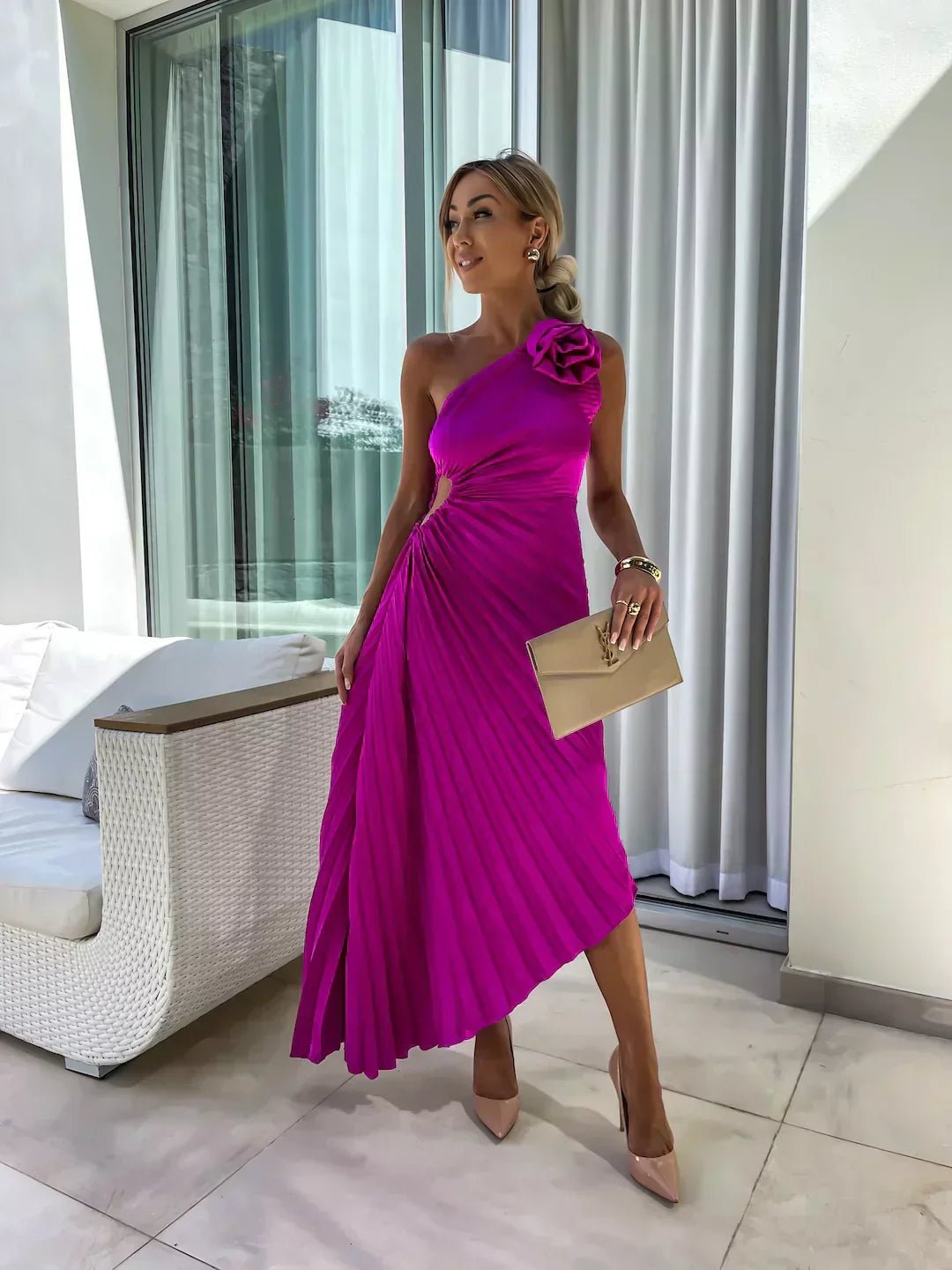 Elegant Satin Maxi Dress for Women with One Shoulder Pleated Floral Brooch Formal Wedding Guest Style