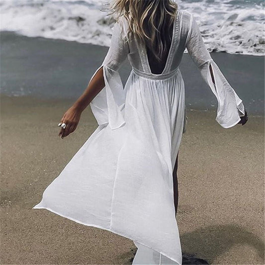 Elegant White Kaftan Cover Up for Women with V Neck Bell Sleeve Open Back Flowing Bohemian Style