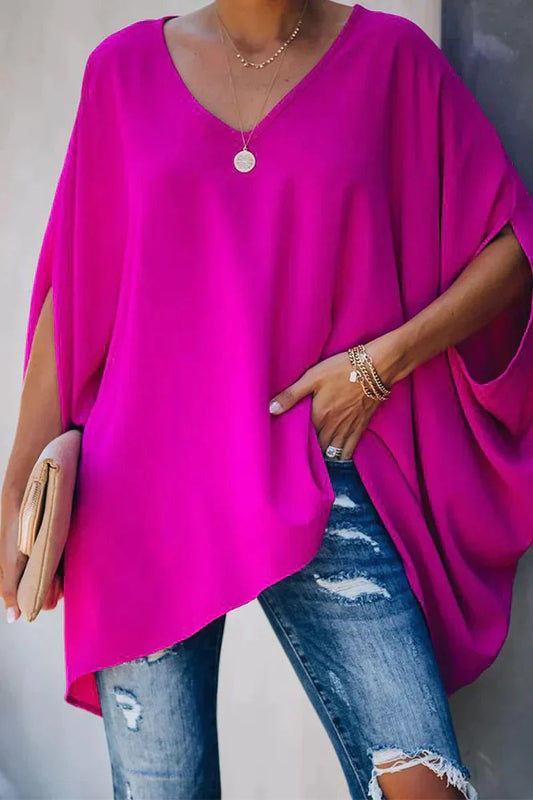 Effortless Oversized Poncho Blouse for Women with V Neck Batwing Sleeve Asymmetric Hem Flowing Style