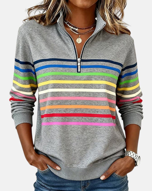 Comfortable Striped Quarter Zip Pullover for Women with Stand Collar Long Sleeve Relaxed Casual Style