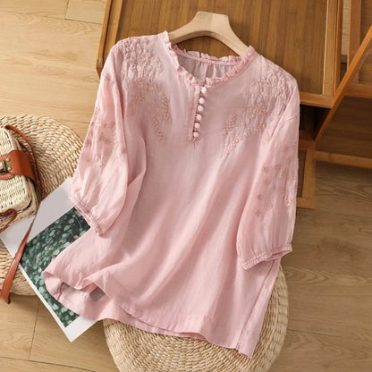 Aria | Women's Relaxed-Fit Floral Embroidered Ruffle-Neck Puff-Sleeve Blouse