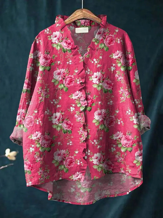 Effortless Pink Floral Blouse for Women with Ruffle Collar Long Sleeve High Low Hem Relaxed Style