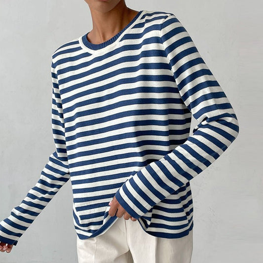 Comfortable Striped Knit Sweater for Women with Crew Neck Long Sleeve Relaxed Oversized Casual Style