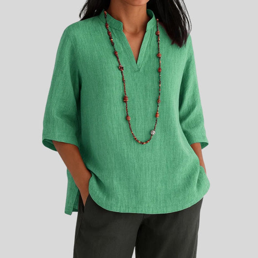 Effortless Linen Tunic Top for Women with Split Neck Elbow Sleeve Relaxed Flowing Style