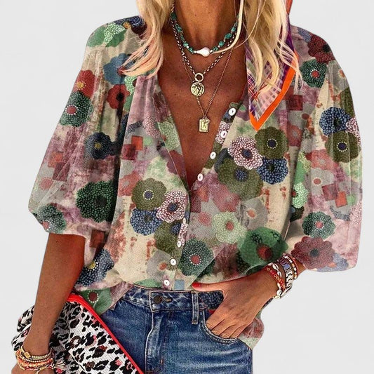 Effortless Green Floral Blouse for Women with V Neck Puff Sleeve Button Front Bohemian Style