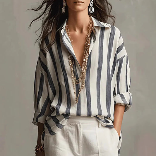 Effortless Striped Blouse for Women with Collar Long Sleeve Relaxed Oversized Style