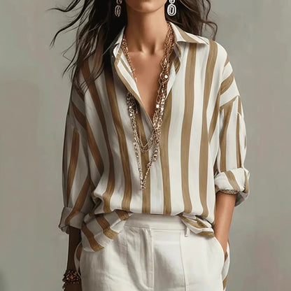 Harper | Women's Relaxed-Fit Vertical Striped Open-Collar Long Sleeve Blouse