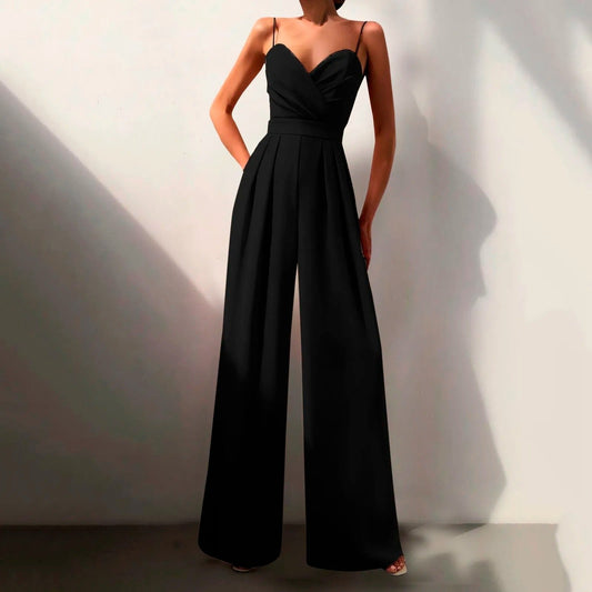 Elegant Wide Leg Jumpsuit for Women with V Neck Spaghetti Strap Pleated Wrap Formal Party Style