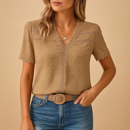 Camila | Women's Swiss Dot Lace-Trim V-Neck Short-Sleeve Blouse